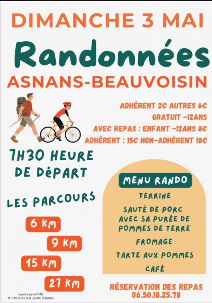 RANDONNEES organisées par le FRAB DIMANCHE 5 MAI, heure de départ : 7h30, repas sur réservation.